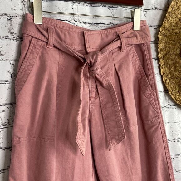 Loft Cropped PaperBag High -Rise Cotton Twill Pants‎ Tie Waist Pink 4P - Picture 2 of 12